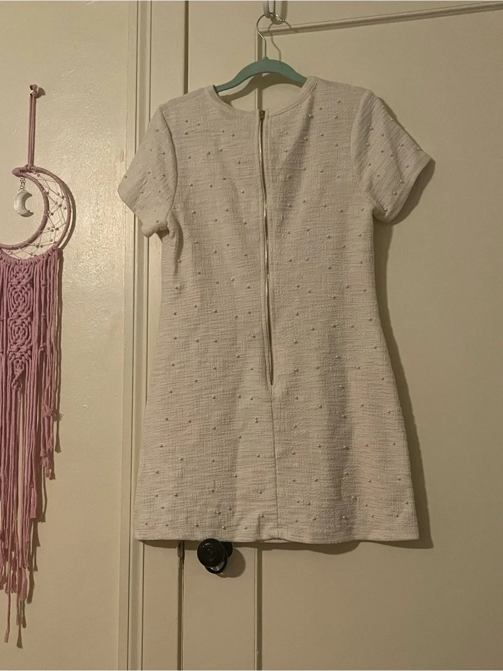 Women’s White Pearl-Accent Short Sleeve Dress